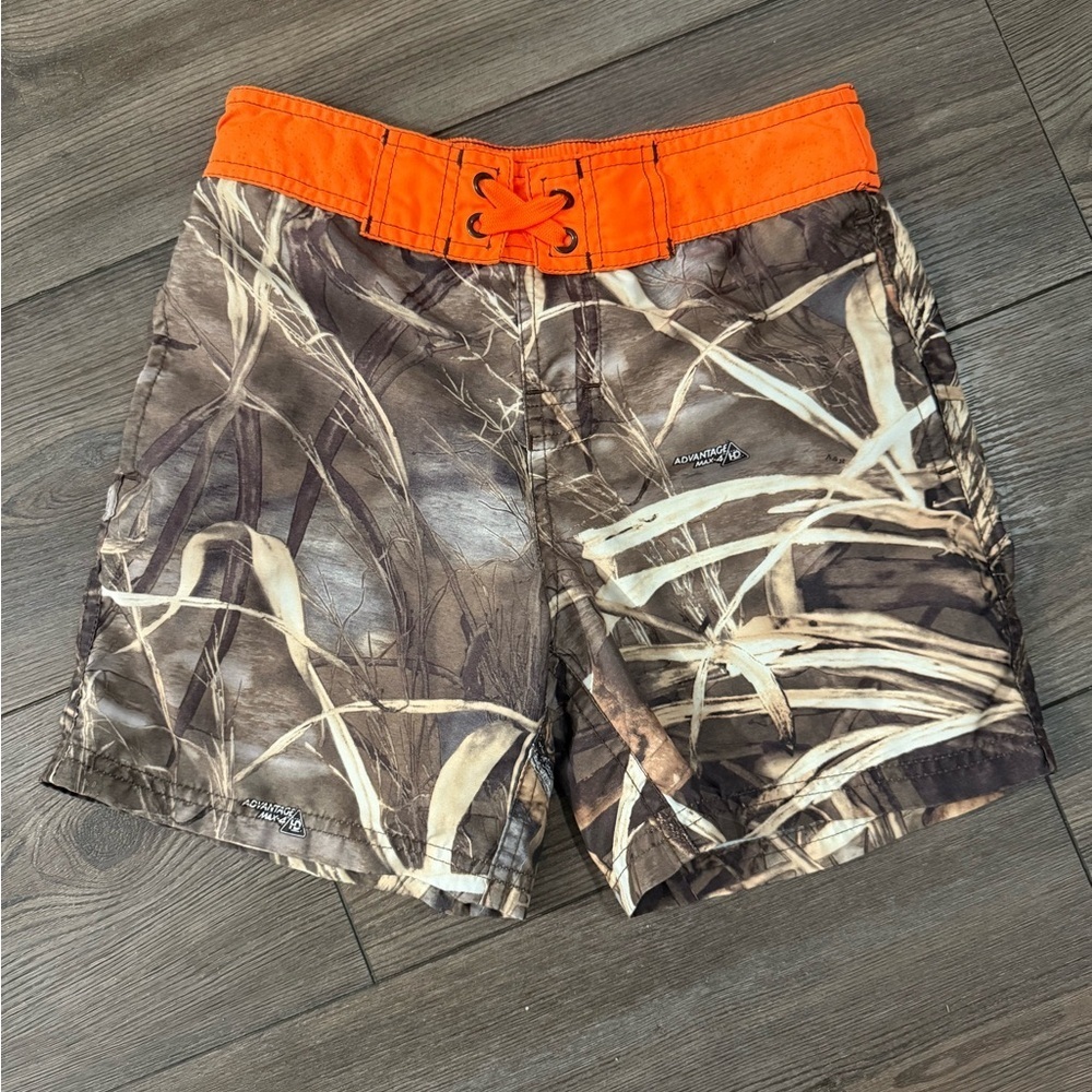 Boys Camo Swim Trunks 6/7 Realtree Advantage Max-4 with Orange Waist